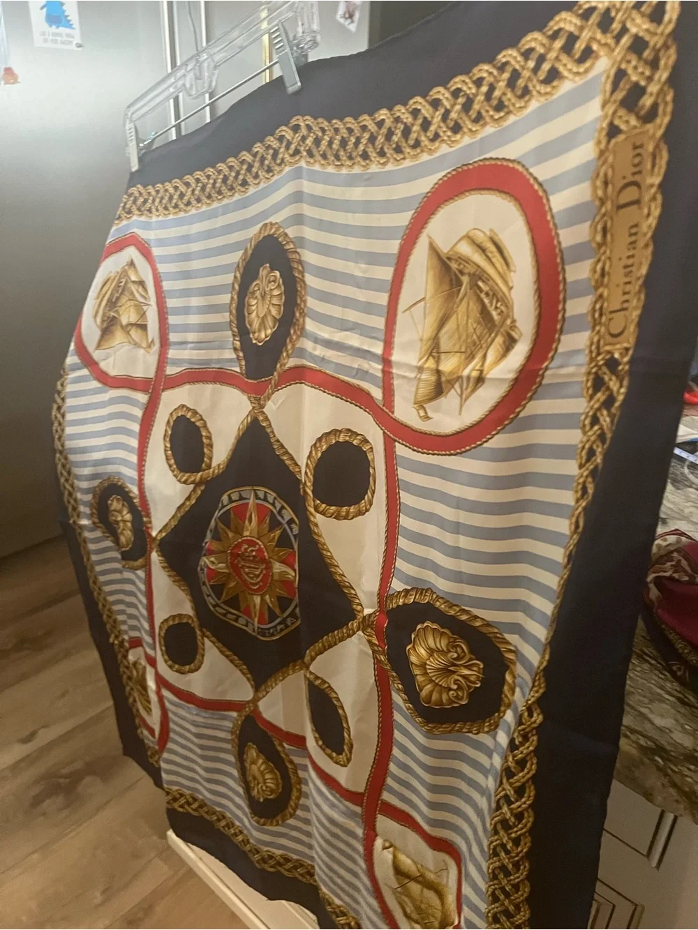Dior Silk Scarf in Navy, Gold & Red Nautical Motif⚓